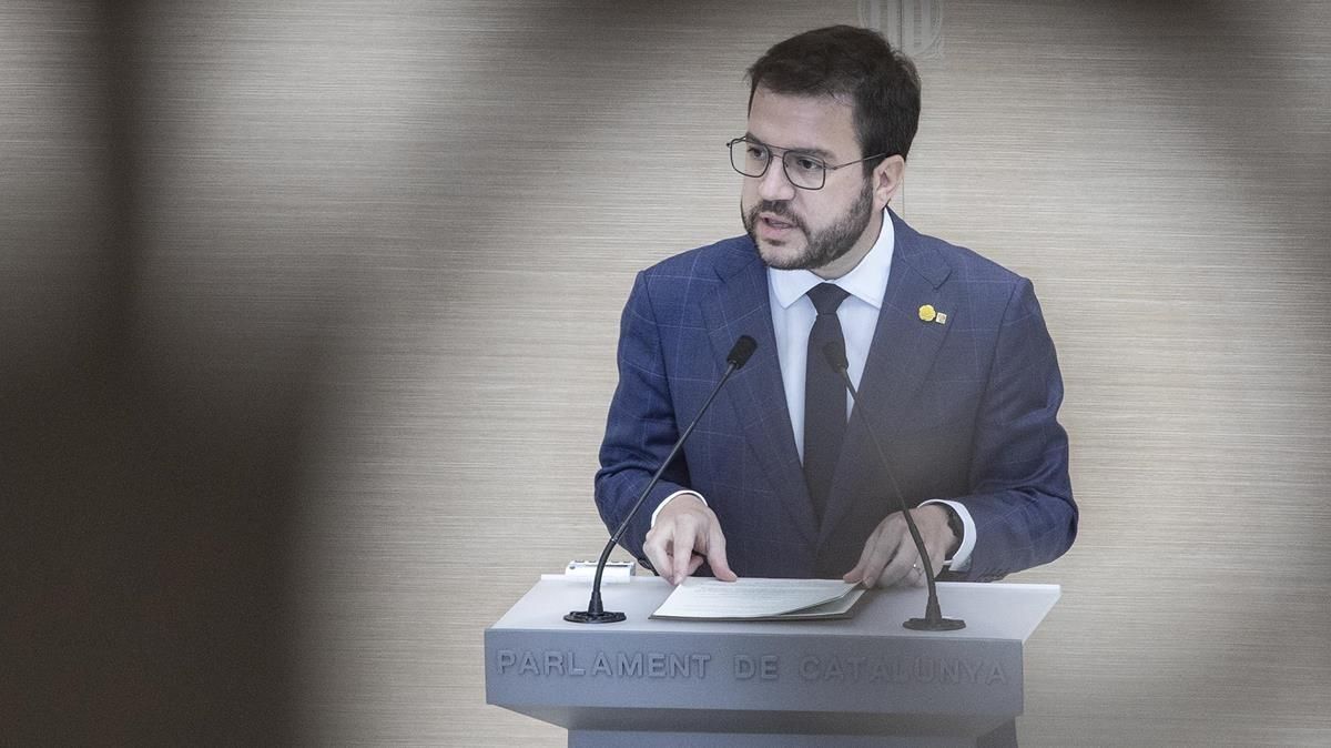 Pere Aragonès durante el segundo debate de investidura en el Parlament. Pere Aragonès durante el segundo debate de investidura en el Parlament.
