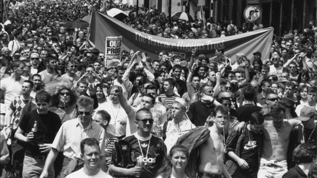 Activistas LGTBI en una manifestación proderechos en Piccadilly Circusm en 1996.