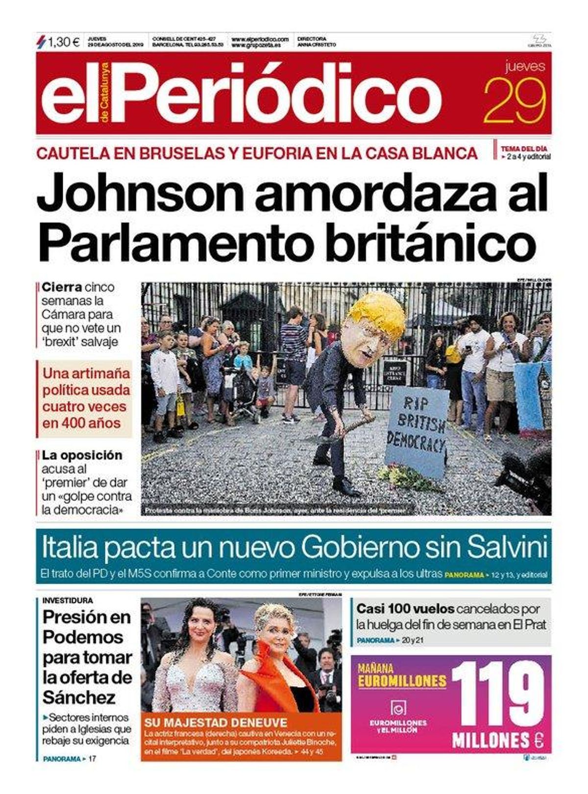 La portada de EL PERIÓDICO del 29 de agosto del 2019 La portada de EL PERIÓDICO del 29 de agosto del 2019