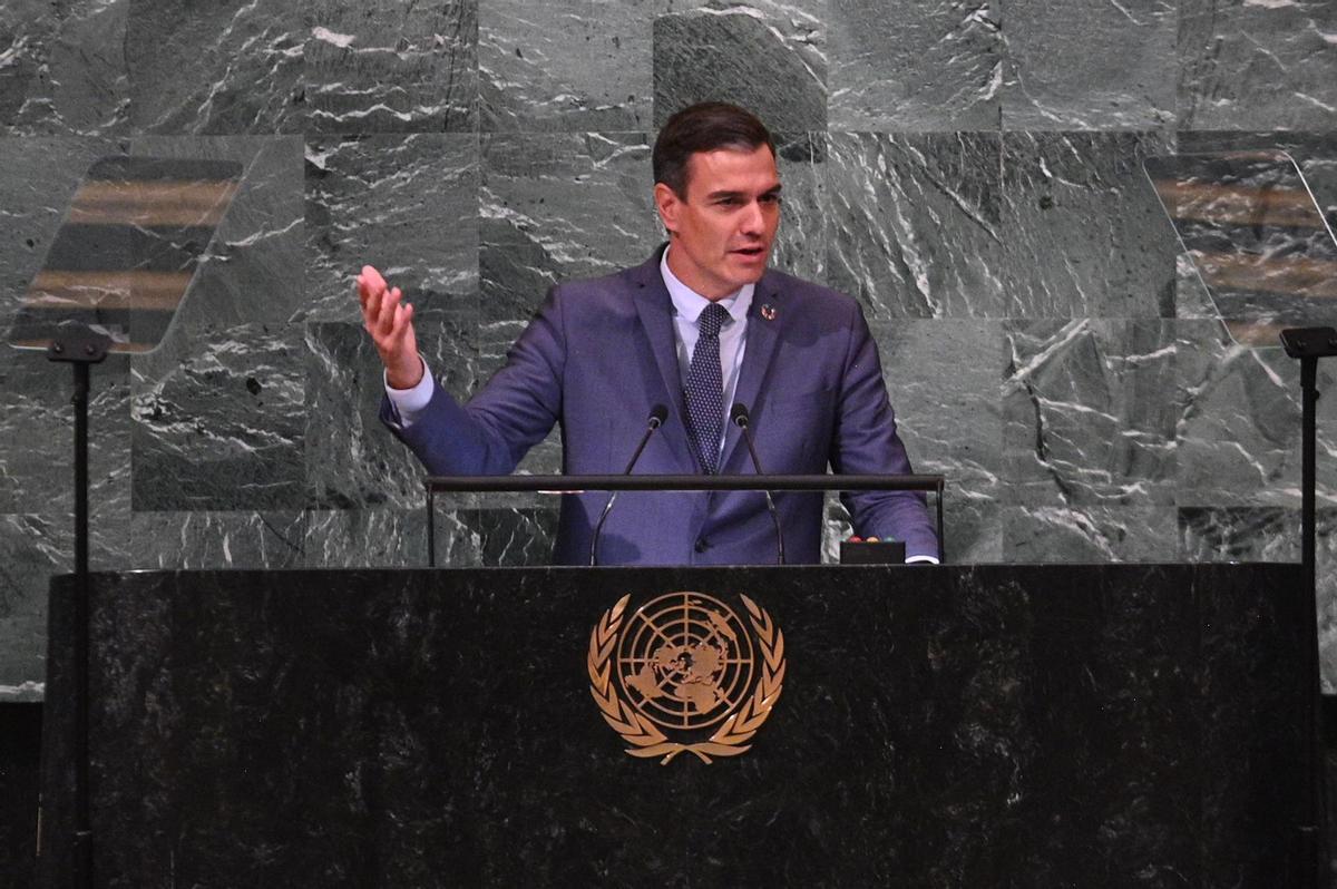 El presidente del gobierno español, Pedro Sánchez, en su discurso ante la Asamblea General de la ONU, en Nueva York.