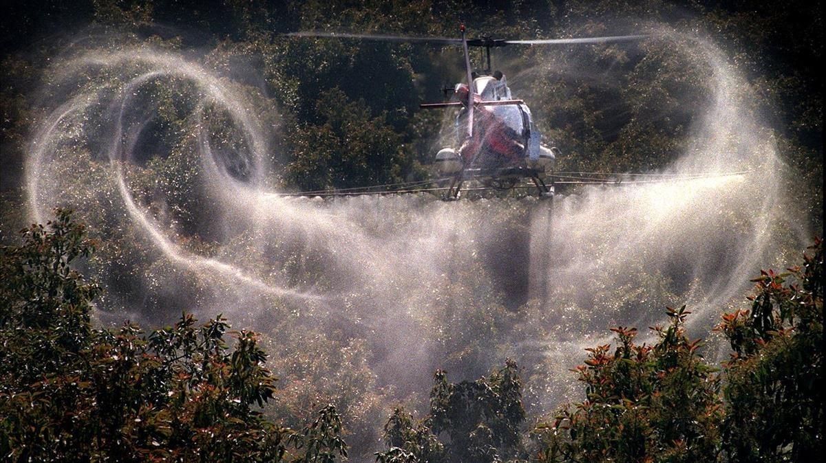 Un aspersor riega con pesticidas un campo de cultivo. Un aspersor riega con pesticidas un campo de cultivo.