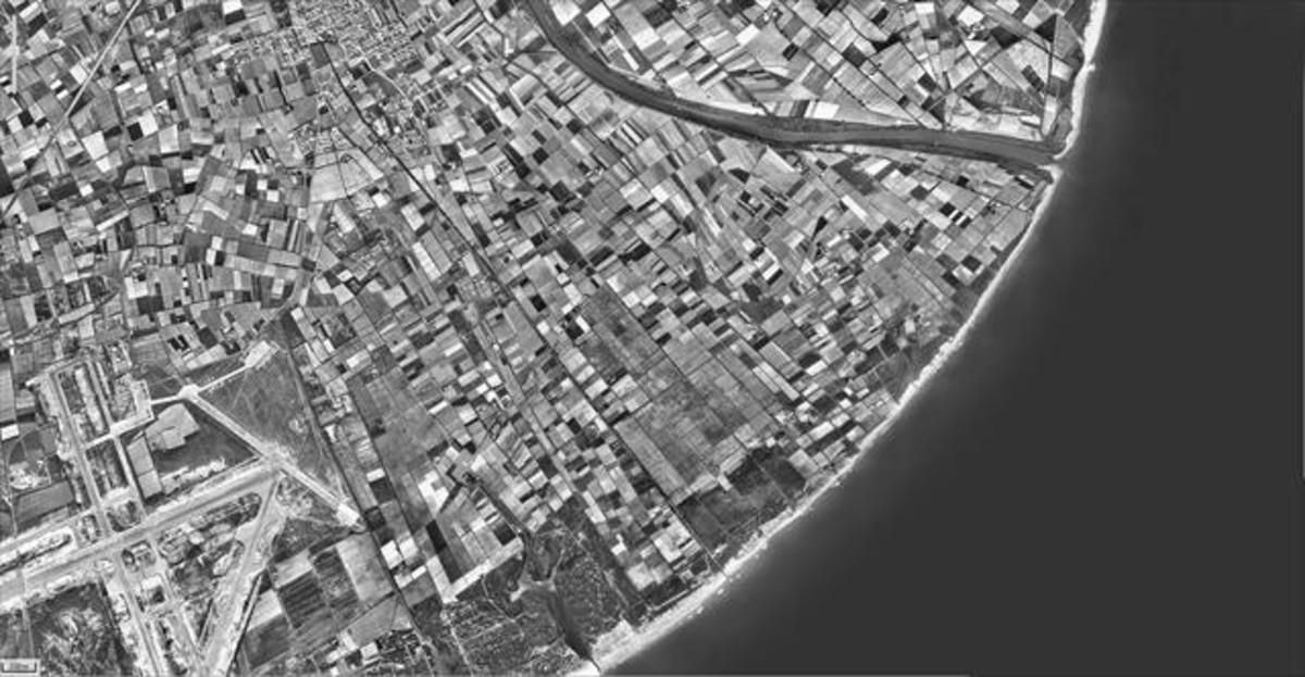 Fotografía de la desembocadura del río Llobregat, flanqueada por mosaicos de campos de cultivo, tomada en 1956. Fotografía de la desembocadura del río Llobregat, flanqueada por mosaicos de campos de cultivo, tomada en 1956.