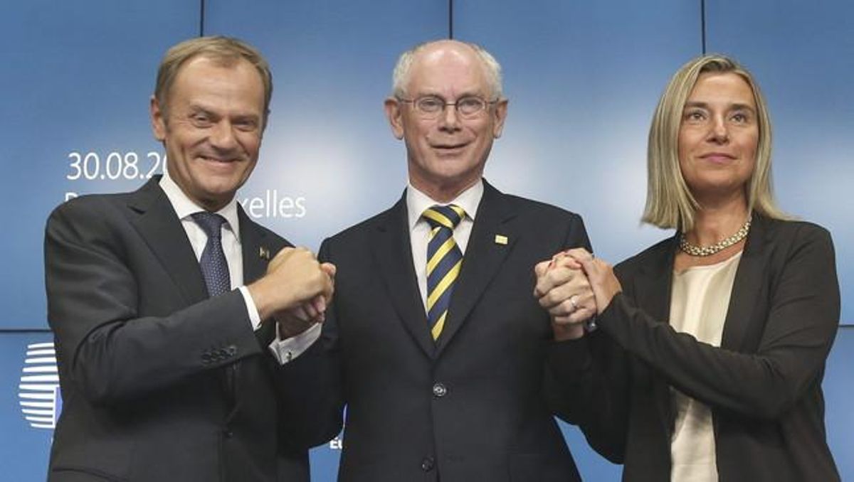 Donald Tusk con Van Rompuy y Fererica Mogherini este sábado después de los nombramientos Donald Tusk con Van Rompuy y Fererica Mogherini este sábado después de los nombramientos