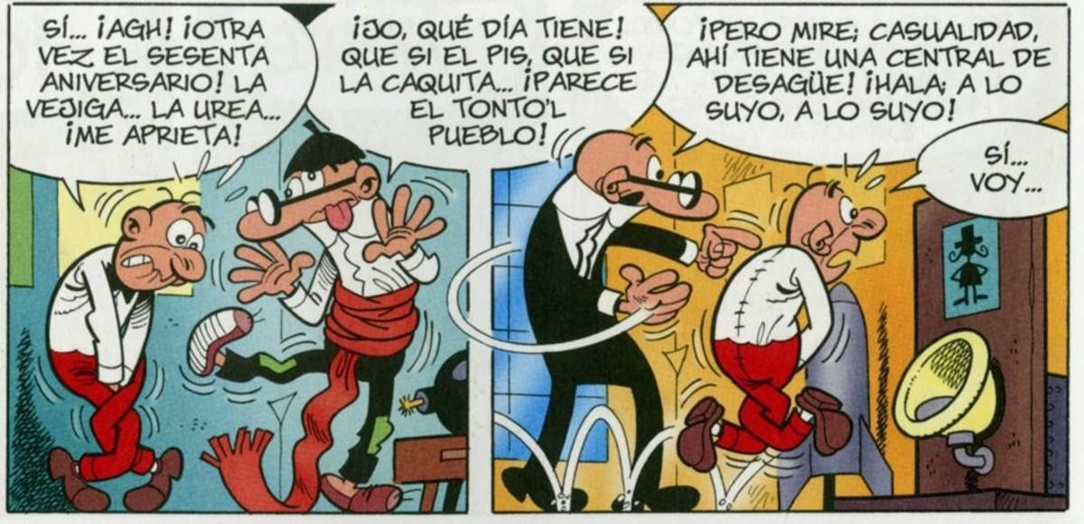 Viñeta del álbum Mortadelo y Filemón ’El 60 aniversario’, con la pareja de agentes de la T.I.A. sufriendo los achaques de la edad.
