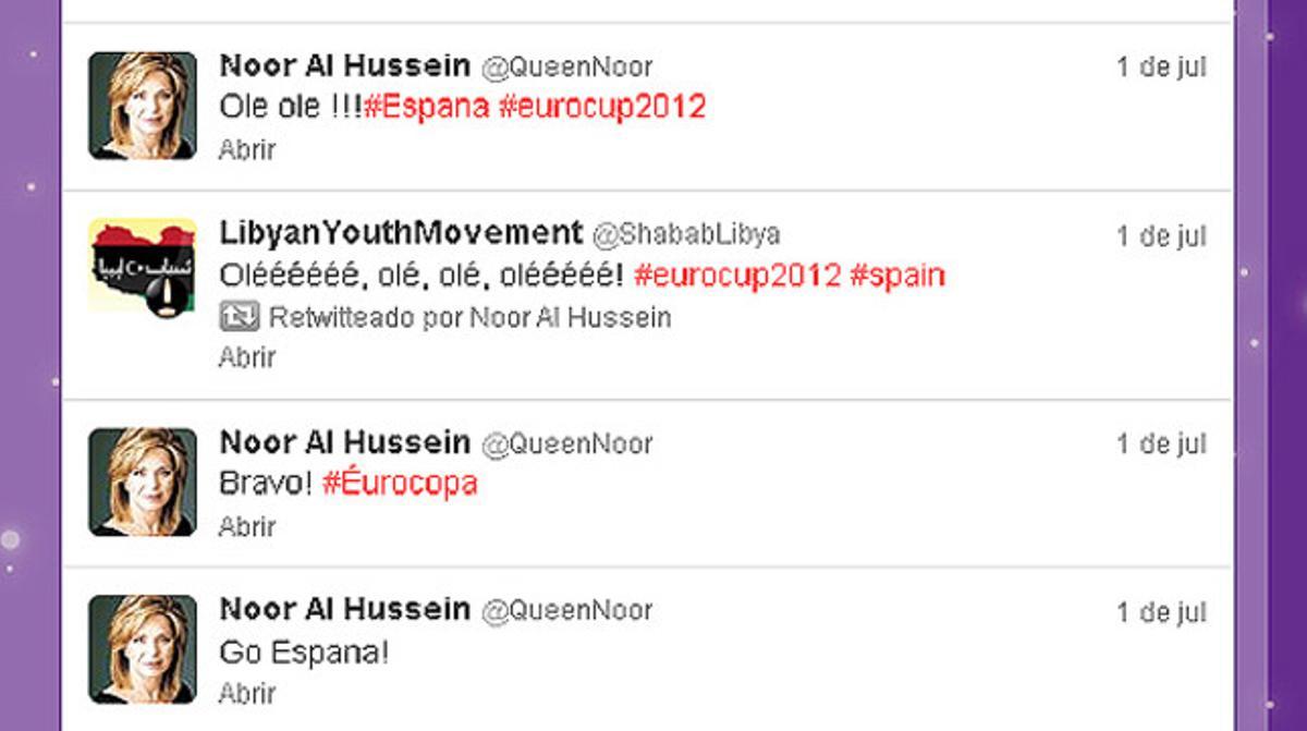 Tweets que apoyan a La Roja en la cuenta de Noor de Jordania