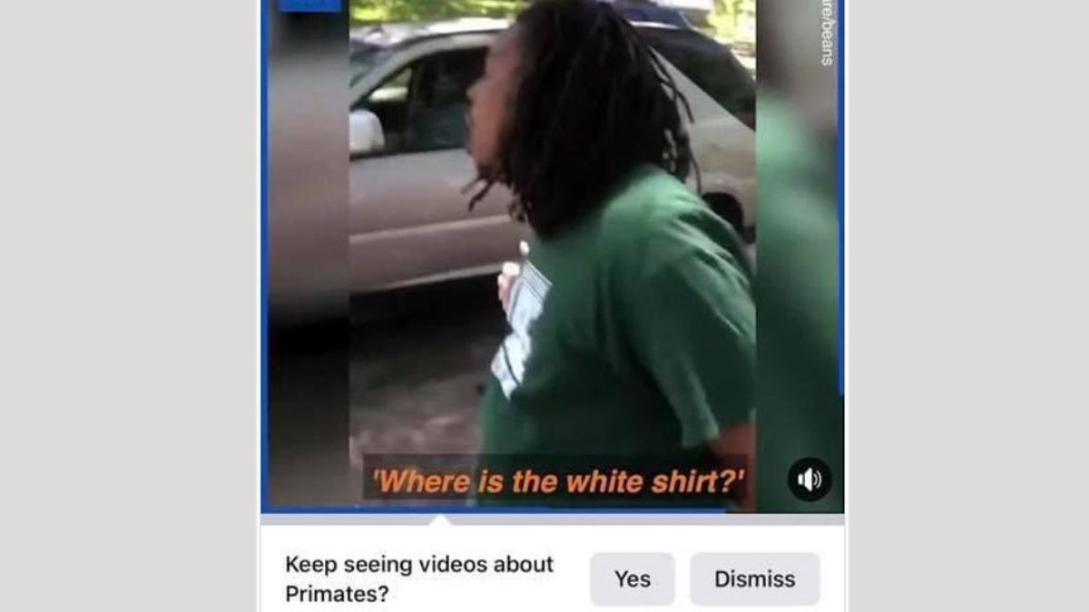 Pantallazo del vídeo de Facebook en el que aparece un hombre negro y, debajo, el mensaje que sugiere seguir viendo vídeos de primates. Pantallazo del vídeo de Facebook en el que aparece un hombre negro y, debajo, el mensaje que sugiere seguir viendo vídeos de primates.