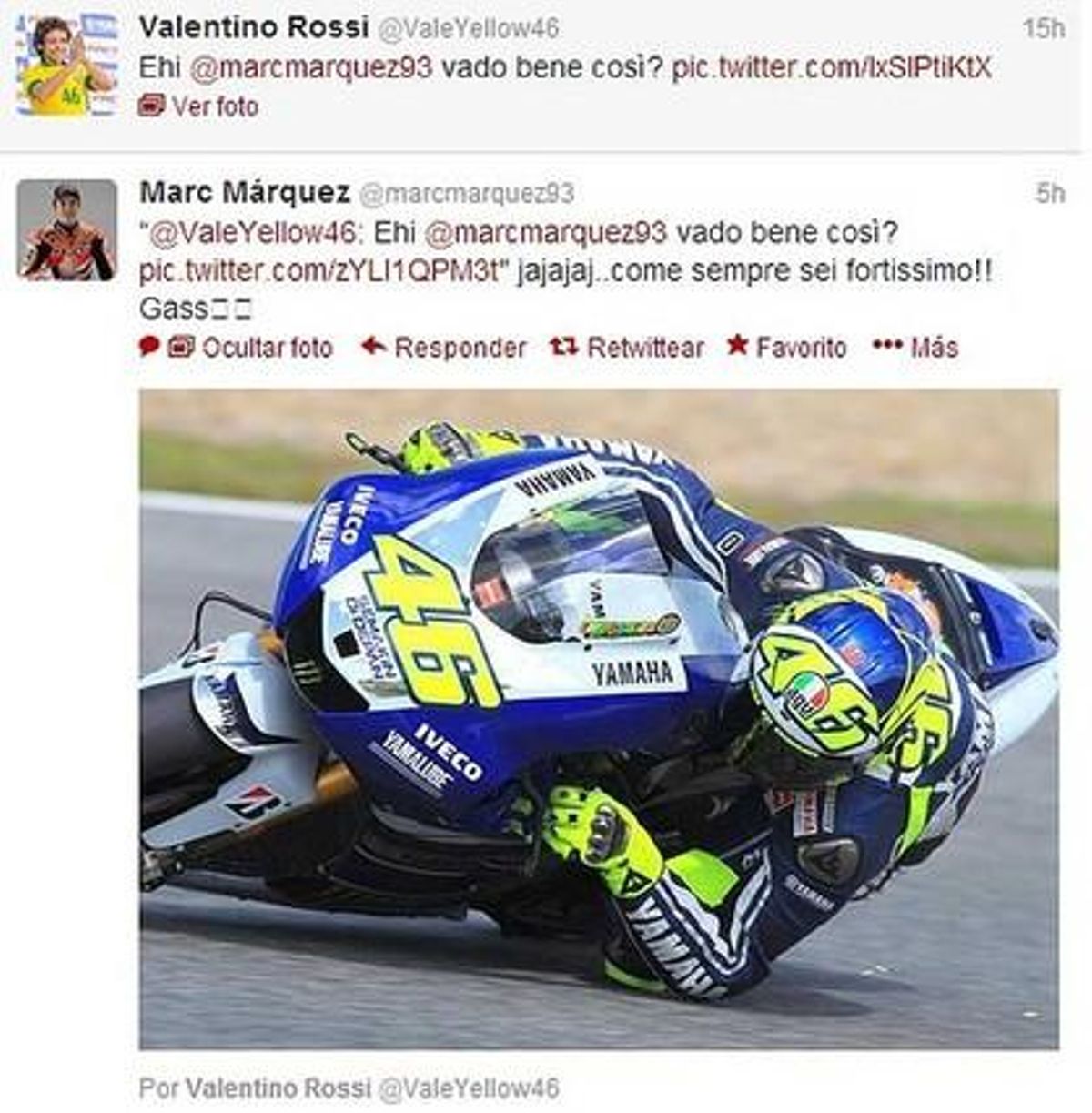 El intercambio de tuits entre Valentino Rossi y Marc Márquez. El intercambio de tuits entre Valentino Rossi y Marc Márquez.