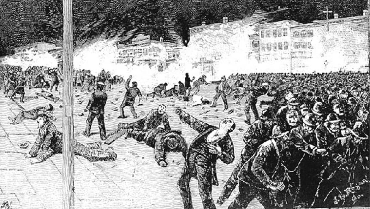 Dibujo sobre la represión policial en Chicago de la manifestación del 1 de Mayo de 1886.