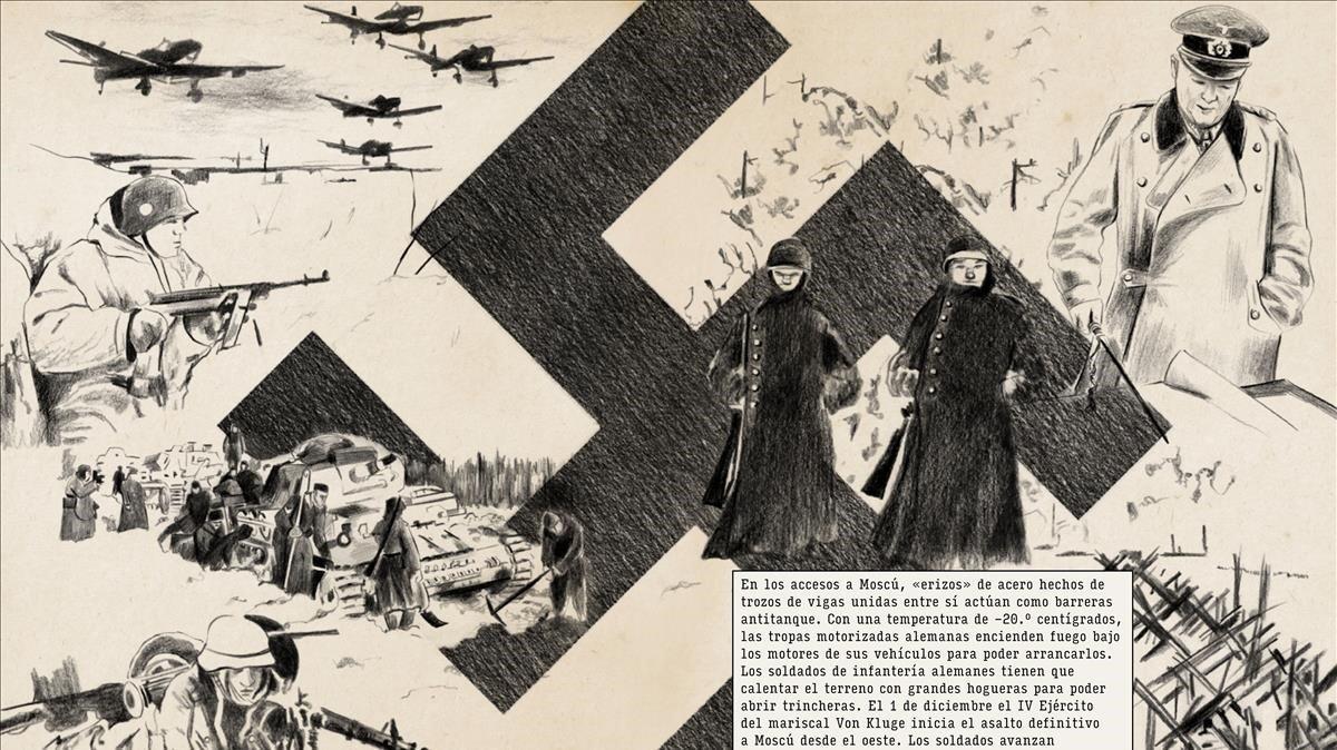 Doble pàgina de la versión gráfica de ’La segunda guerra mundial’, de Antony Beevor. 