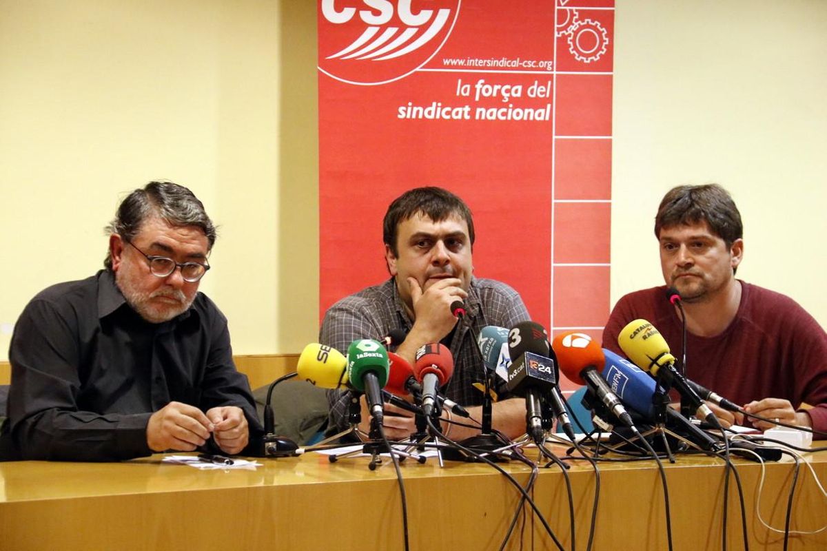 El secretario general de I-CSC, Carles Sastre; el portavoz, Marc Sallas; y el miembro de la Xarxa de Sindicalistes per la Indepèndencia, Juanjo Morales, el pasado 3 de noviembre del 2017. El secretario general de I-CSC, Carles Sastre; el portavoz, Marc Sallas; y el miembro de la Xarxa de Sindicalistes per la Indepèndencia, Juanjo Morales, el pasado 3 de noviembre del 2017.