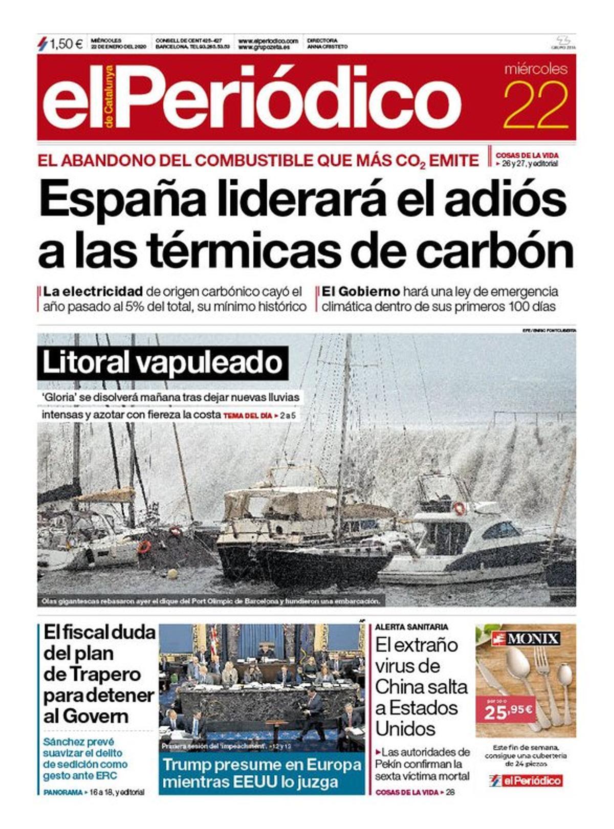 La portada de EL PERIÓDICO del 22 de enero del 2020