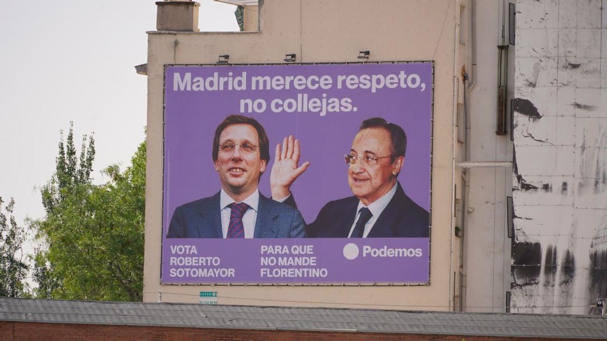 El polémico cartel de Podemos con Florentino Pérez dando una colleja a Almeida El polémico cartel de Podemos con Florentino Pérez dando una colleja a Almeida