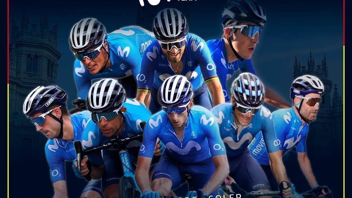El cartel con los ocho corredores del Movistar para la Vuelta.