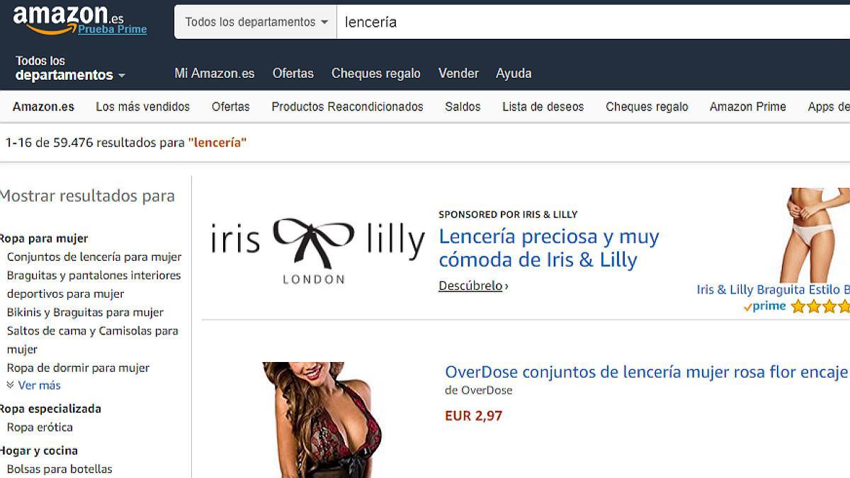 Venta de lencería en la página española de Amazon. 