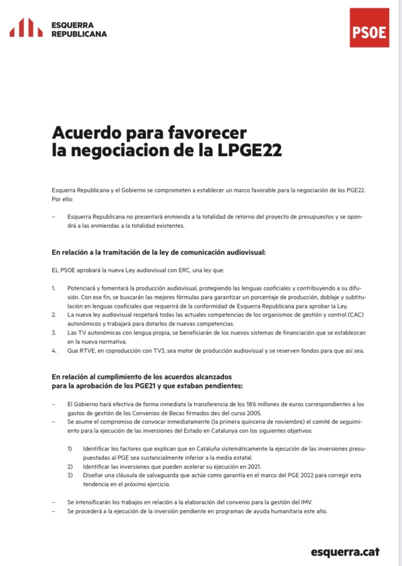 Acuerdo de PSOE y ERC para la tramitación de los Presupuestos Generales del Estado de 2022