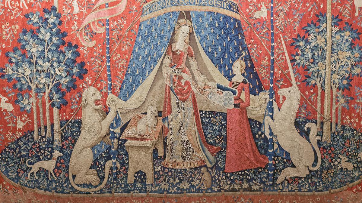 Uno de los tapices de ’La dame à la Licorne’ conservados en el Museo de Cluny. 