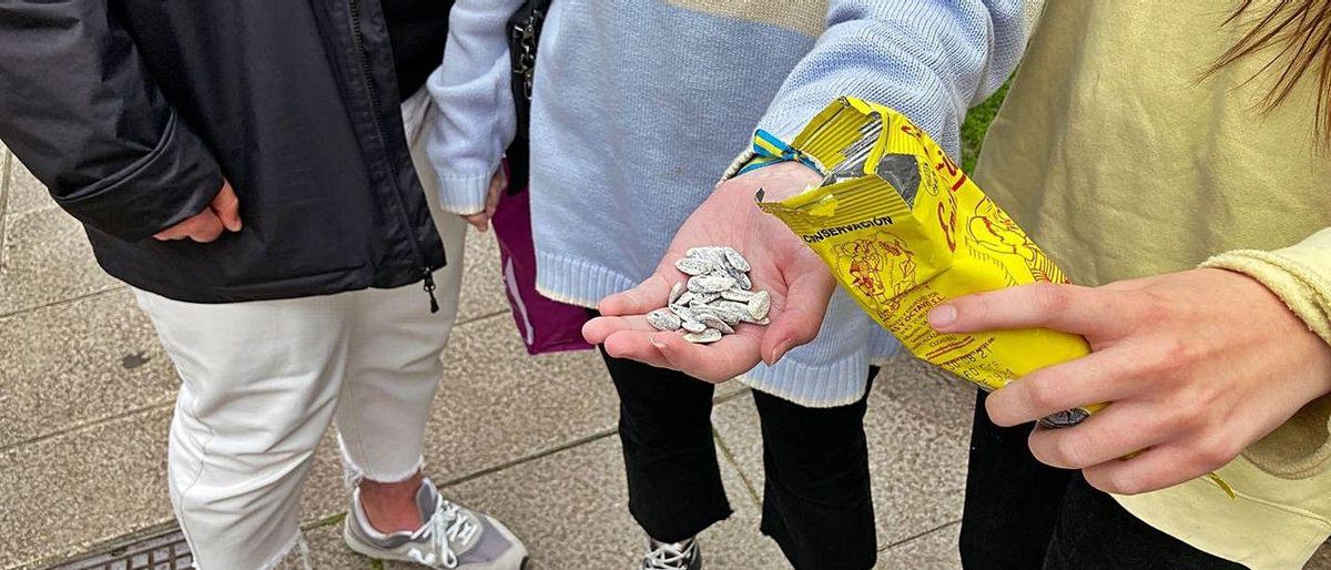 Tres adolescentes con un puñado de pipas en una calle de Avilés. Tres adolescentes con un puñado de pipas en una calle de Avilés.