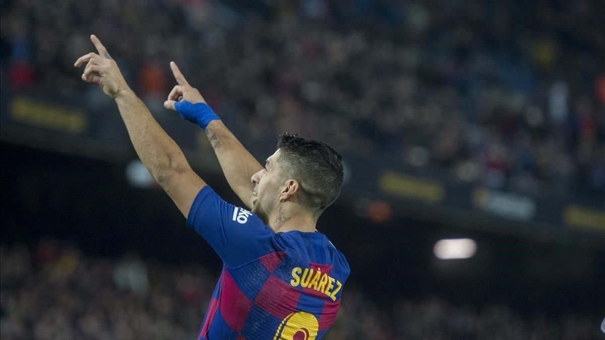 Luis Suárez celebra un gol contra el Mallorca en el Camp Nou. Luis Suárez celebra un gol contra el Mallorca en el Camp Nou.