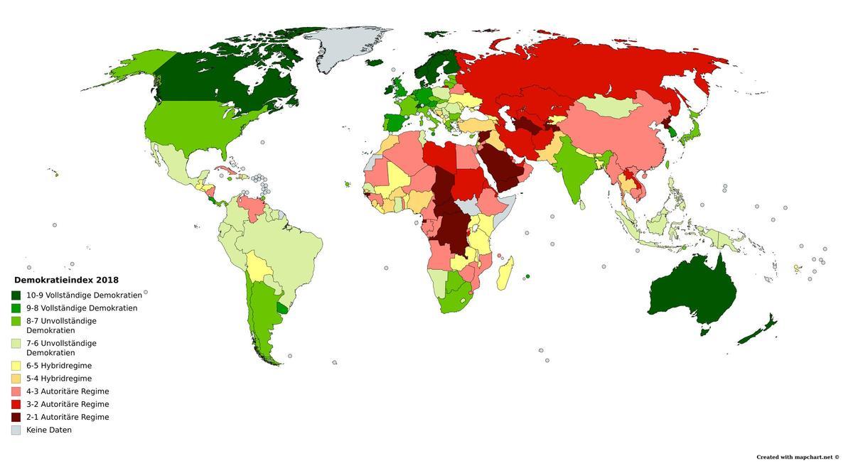 Mapa que representa la calidad democrática de los diferentes países del mundo.