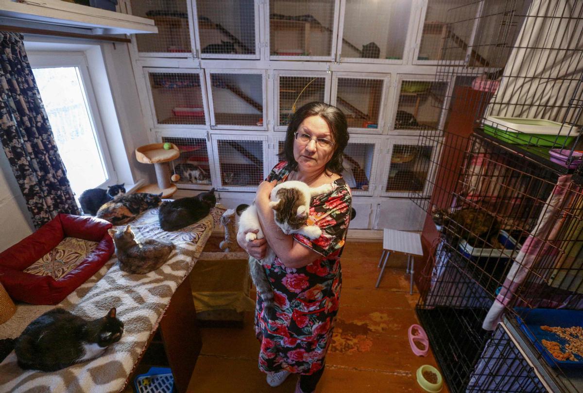 Tatyana Zelenskaya sostiene a un gato en su casa. La psicóloga y activista por los derechos de los animales ha creado un refugio para 108 gatos en su hogar de Novosibirsk (Rusia).