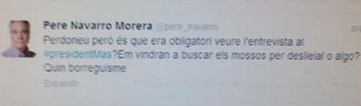 Captura del falso tuit aparecido en la cuenta de Pere Navarro en Twitter. Captura del falso tuit aparecido en la cuenta de Pere Navarro en Twitter.