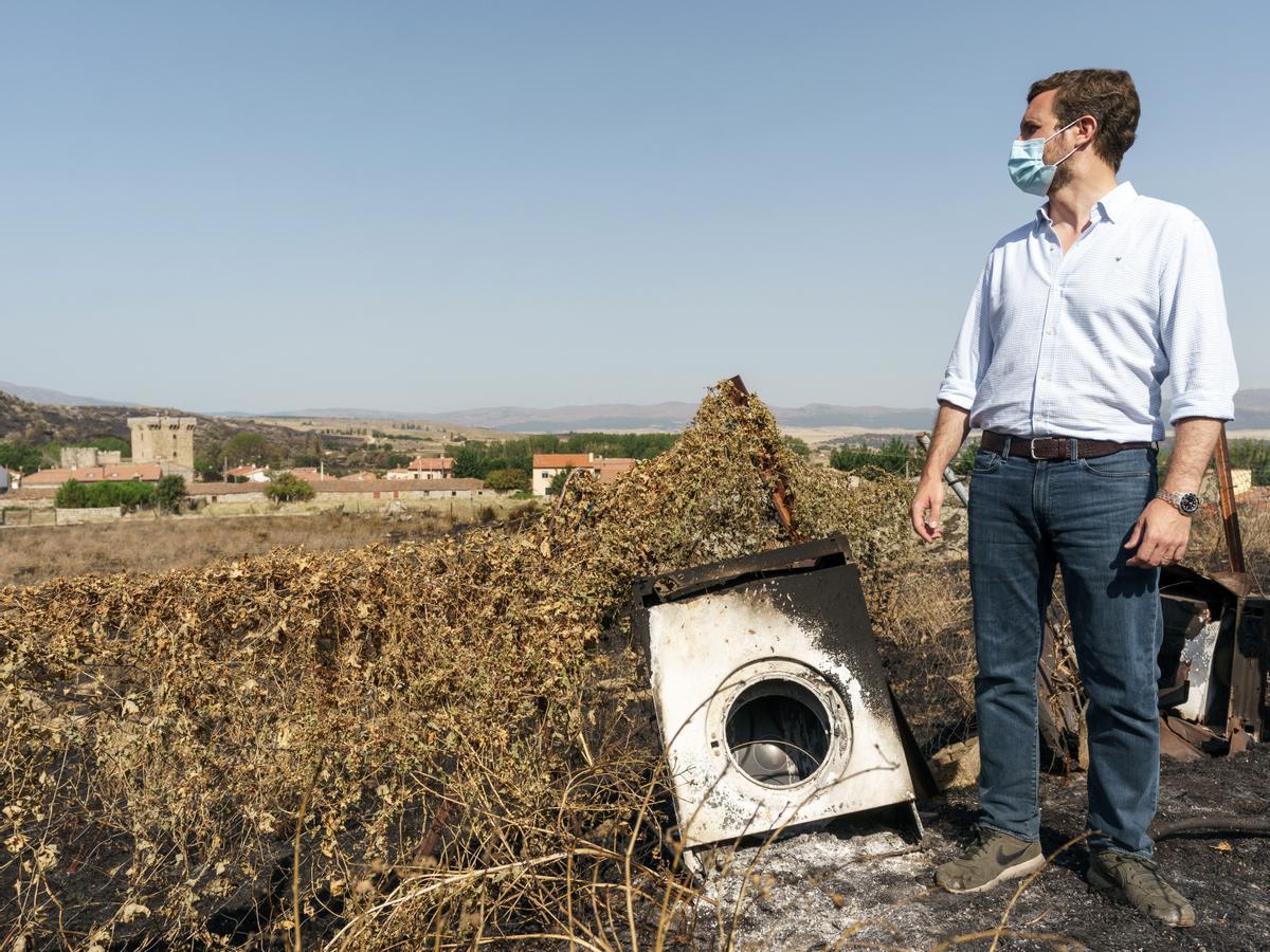 El líder del PP, Pablo Casado, visita la zona afectada por los incendios en Ávila, en la localidad de Villaviciosa, este 24 de agosto de 2021. 