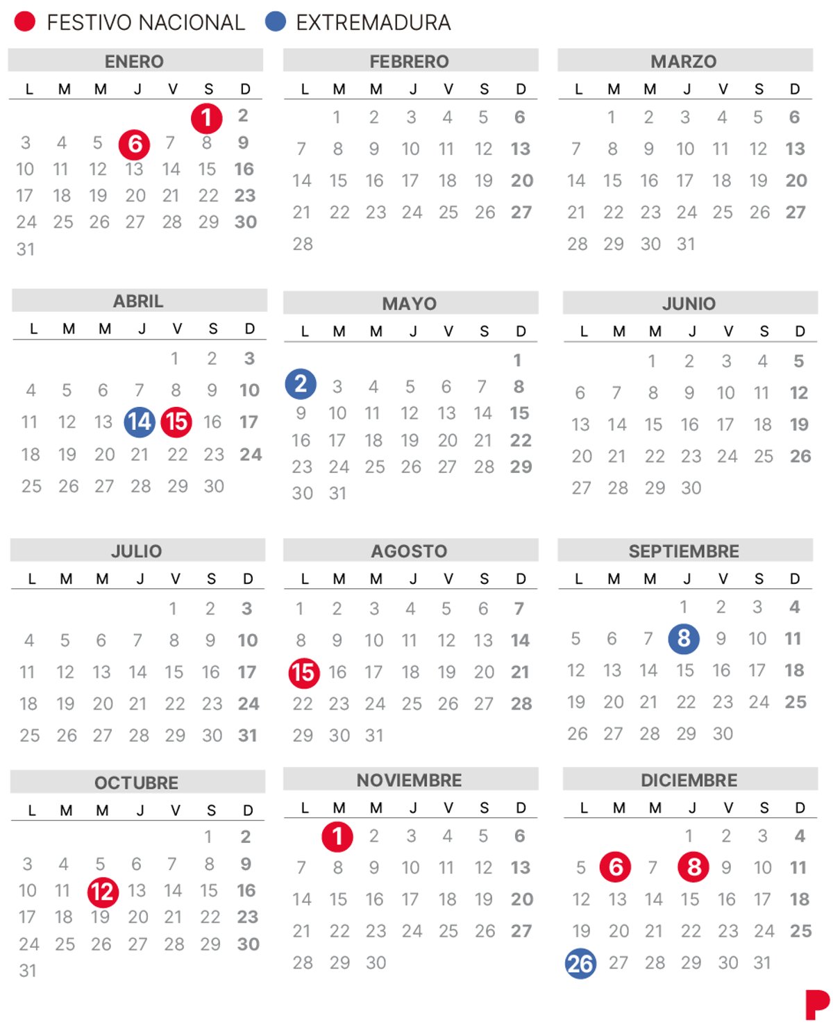 Calendari laboral d’Extremadura 2022 (amb tots els dies festius)