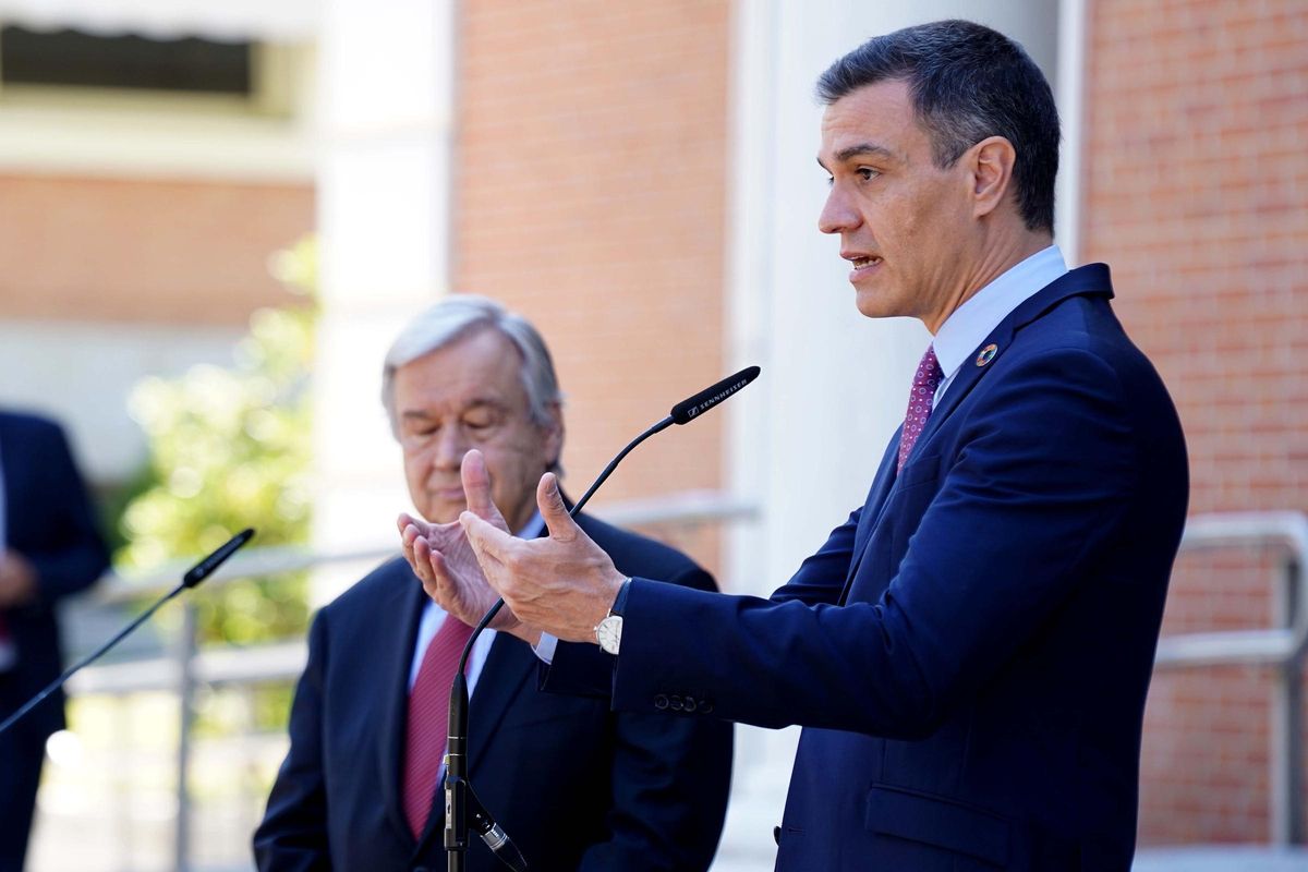 El presidente del Gobierno, Pedro Sánchez, recibe en la Moncloa al secretario general de la ONU, el portugués António Guterres, este 2 de julio. El presidente del Gobierno, Pedro Sánchez, recibe en la Moncloa al secretario general de la ONU, el portugués António Guterres, este 2 de julio.