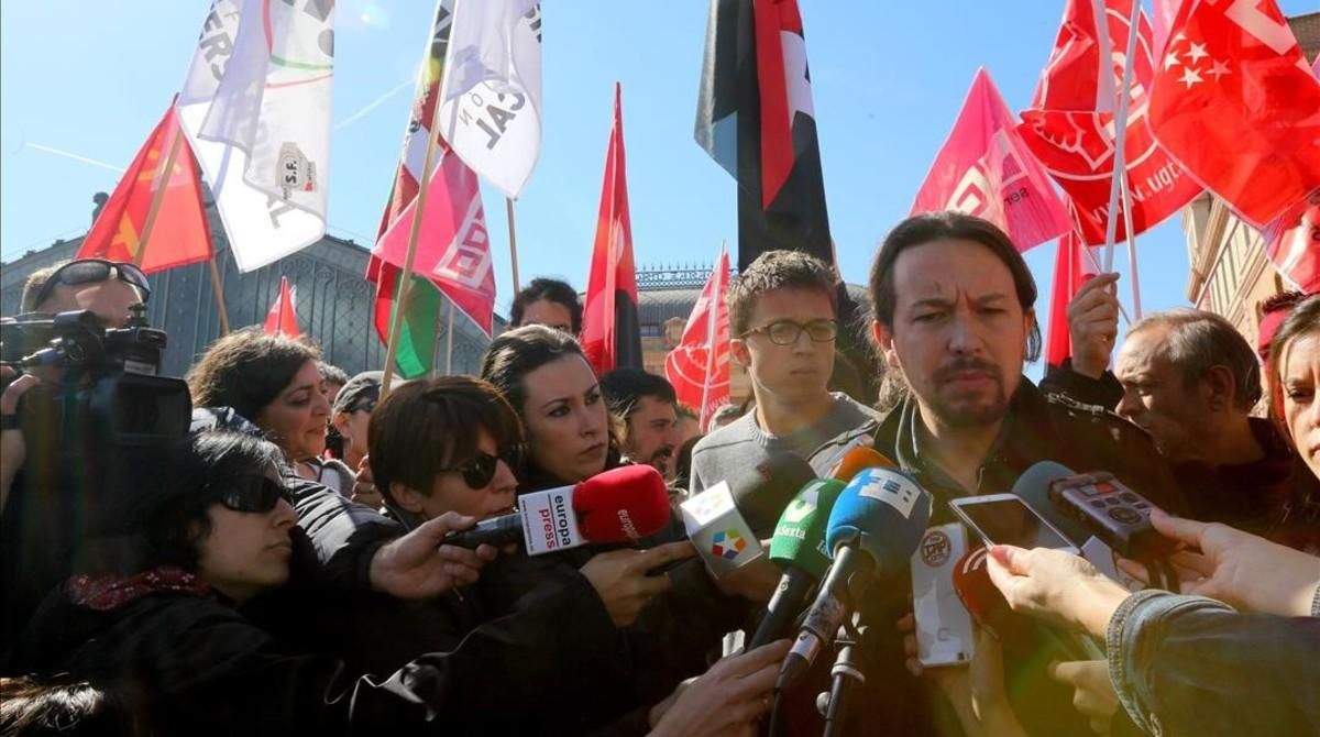 Pablo Iglesias en la concentración de trabajadores de los trabajadores de Ferrovial. Pablo Iglesias en la concentración de trabajadores de los trabajadores de Ferrovial.