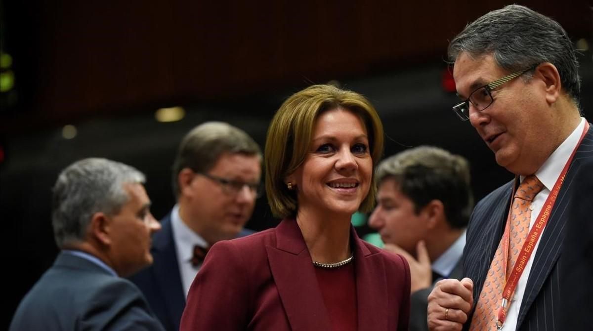 Cospedal, en el consejo de ministros de Defensa de la UE, en Bruselas. Cospedal, en el consejo de ministros de Defensa de la UE, en Bruselas.