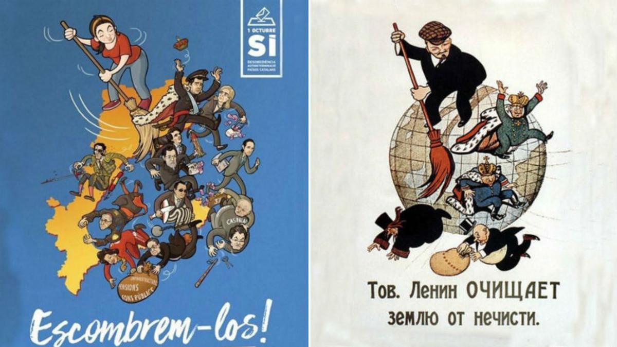 El cartel de la campaña de la CUP ’Barrámoslos’, junto al de Lenin, en el que se inspira el de los ’cupaires’.
