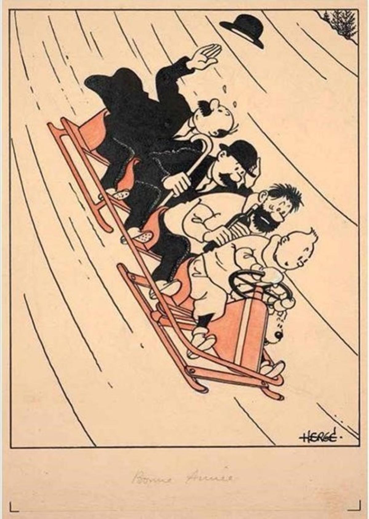 Una de las postales navideñas de Tintín, realizadas por Hergé, que se subastarán en la casa Artcurial de París en noviembre.