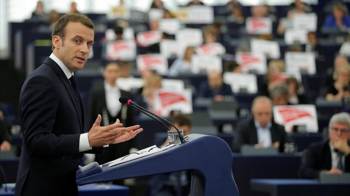 Macron, en su intervención ante el Parlamento Europeo en Estrasburgo. Macron, en su intervención ante el Parlamento Europeo en Estrasburgo.