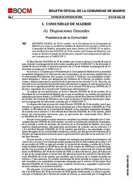 Decreto 30/2020, de la presidenta de la Comunidad de Madrid por el que se establece el cierre perimetral de la región solo en los días de los puentes de Todos los Santos y de la Almudena.