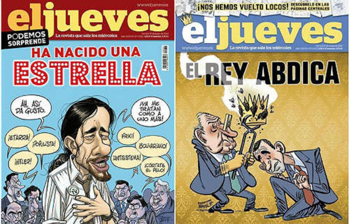 La portada censurada d’’El Jueves’ sobre l’abdicació del Rei (dreta) i la de Pablo Iglesias per la qual ha estat substituïda als quioscos.