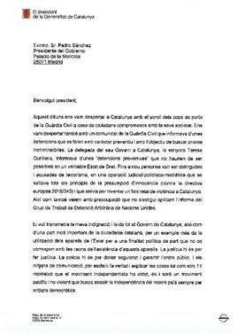 Carta de Quim Torra a Pedro Sánchez por las detenciones de nueve CDR.