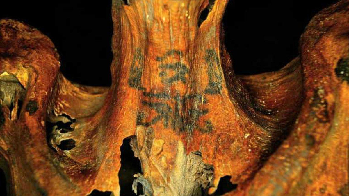 Cuello tatuado de una mujer de unos 3000 años de antigüedad, descubiertos el pasado mayo.