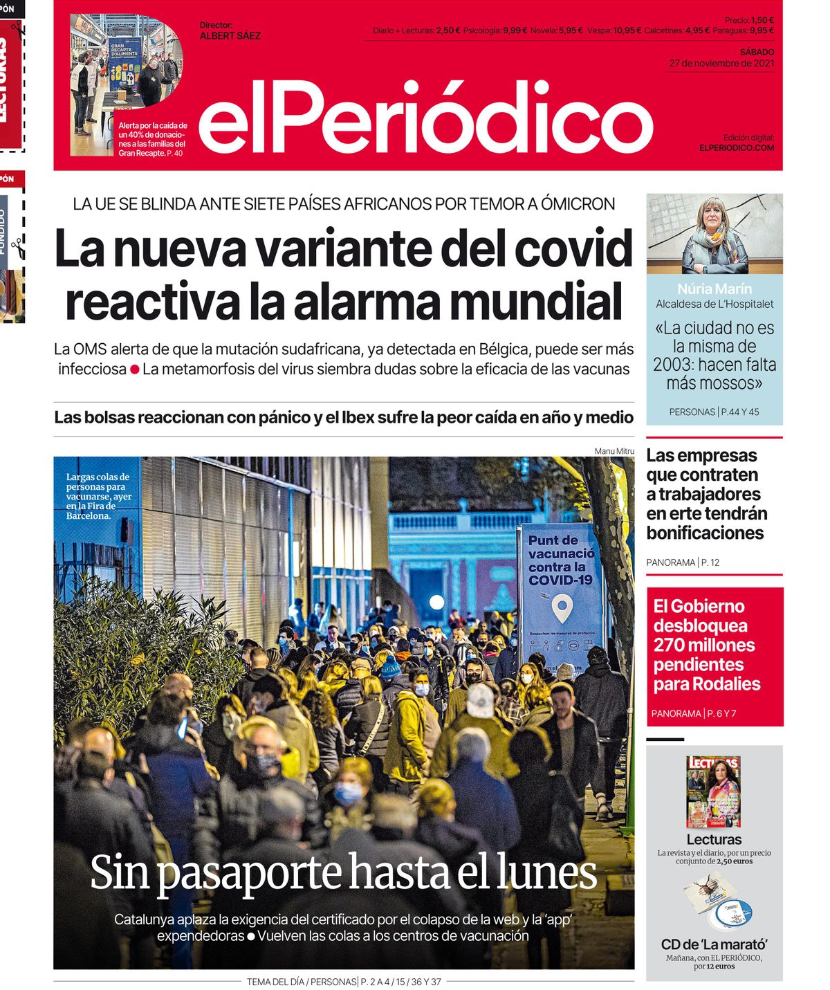 La portada d’EL PERIÓDICO del 27 de novembre del 2021 La portada d’EL PERIÓDICO del 27 de novembre del 2021
