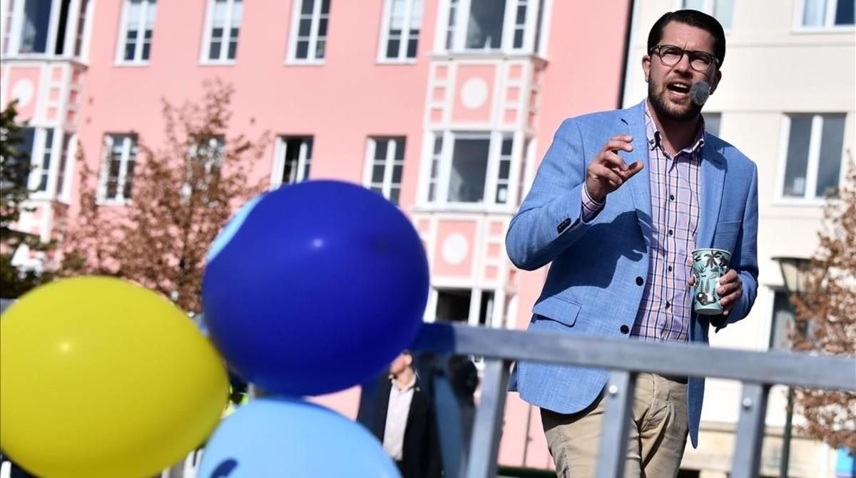 Jimmie Akesson, líder del partido ultranacionalista y xenófobo Demócratas Suecos, en un mitin en Malmoe, el 8 de septiembre del 2018. Jimmie Akesson, líder del partido ultranacionalista y xenófobo Demócratas Suecos, en un mitin en Malmoe, el 8 de septiembre del 2018.