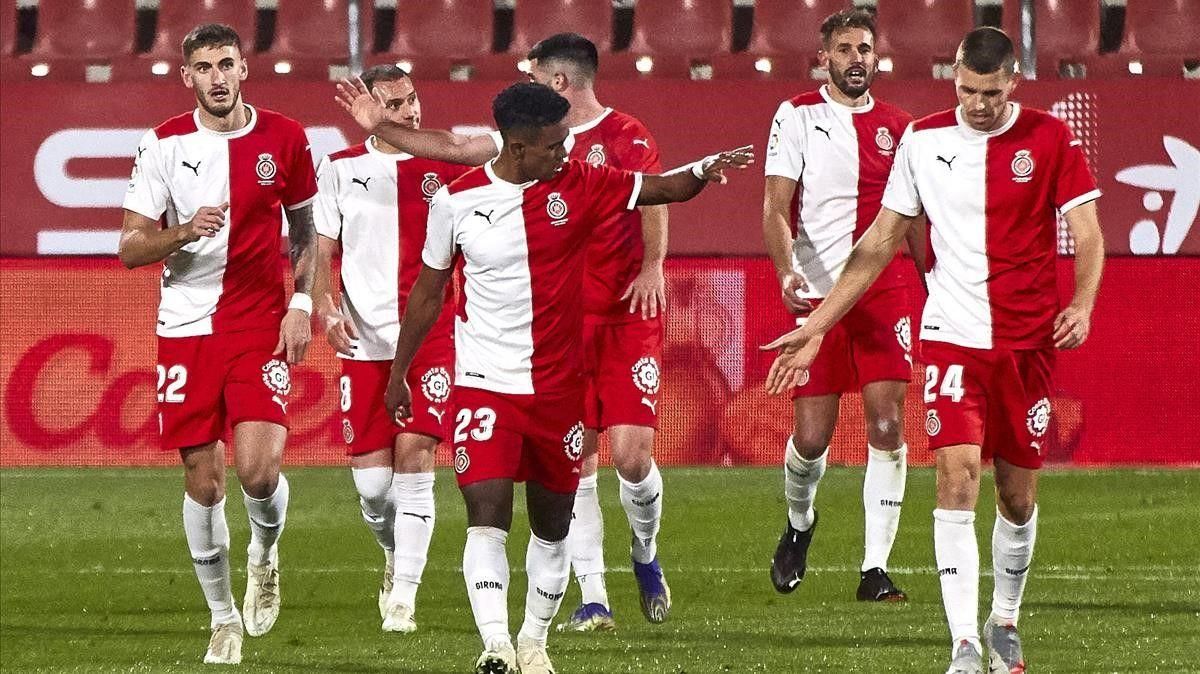 Los jugadores del Girona celebran un gol de Stuani en un partido de esta temporada. Los jugadores del Girona celebran un gol de Stuani en un partido de esta temporada.
