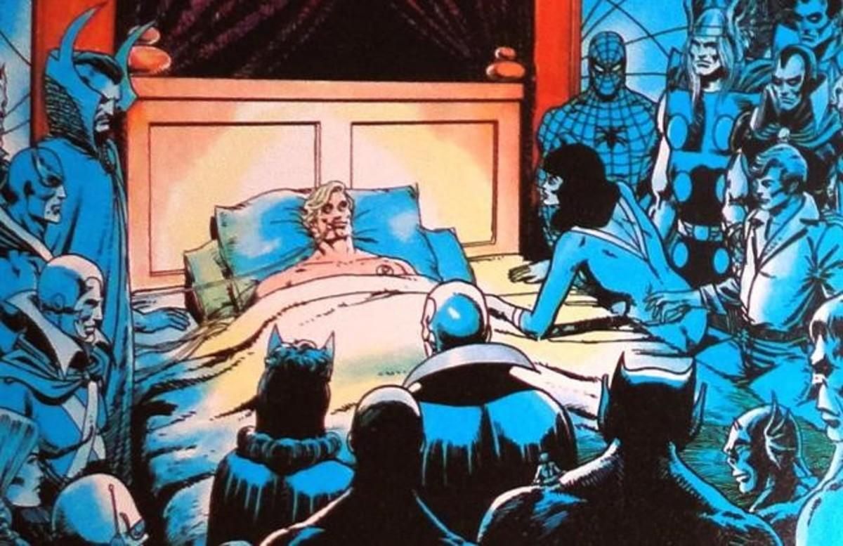 Mar-Vell (el Capitán Marvel) agoniza en la cama rodeado de superhéroes. Mar-Vell (el Capitán Marvel) agoniza en la cama rodeado de superhéroes.