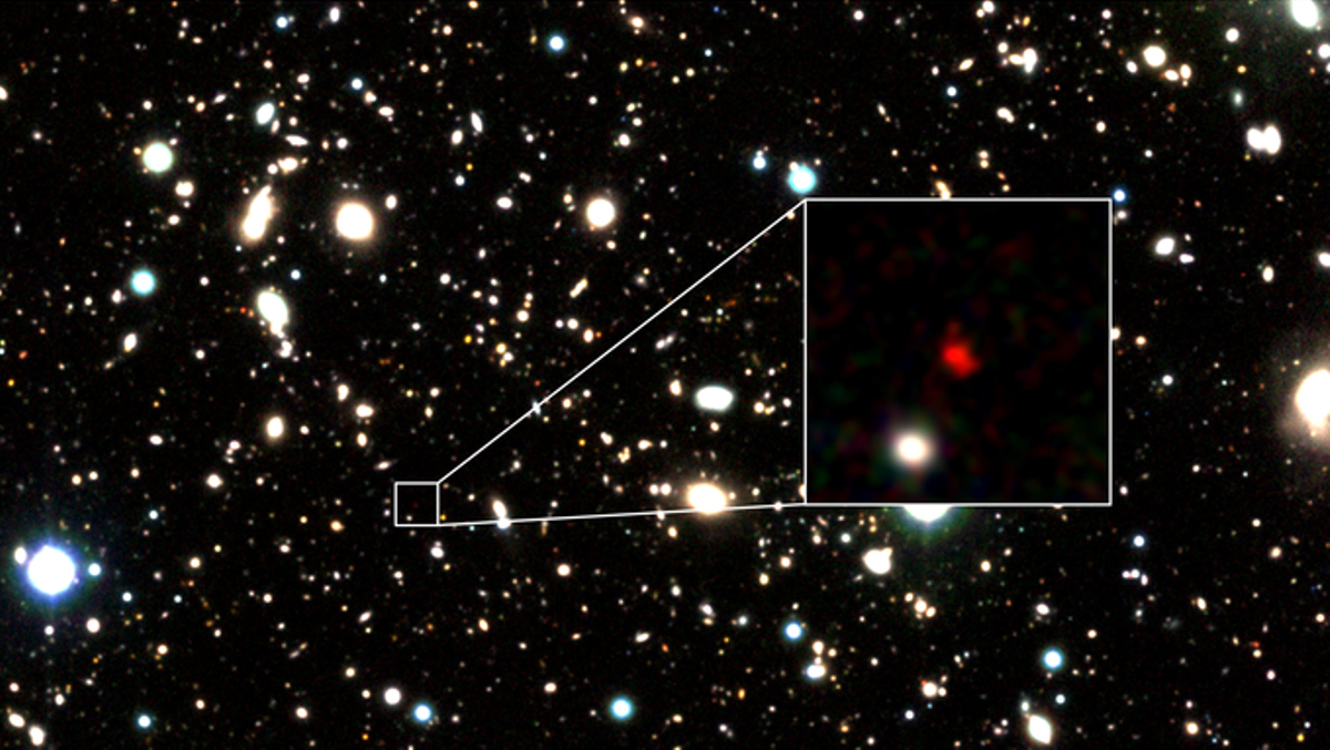 Señalada en rojo, la galaxia más lejana jamás observada hasta la fecha. 