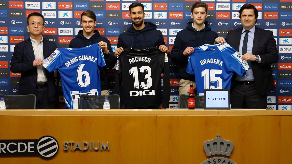 Mao Ye, Denis Suárez, Pacheco, Gragera y Catoira, este miércoles en el RCDE Stadium. 