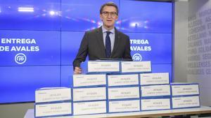 El presidente de la Xunta de Galicia, Alberto Núñez Feijóo, entrega, este miércoles, los avales para formalizar su candidatura para presidir el PP. 