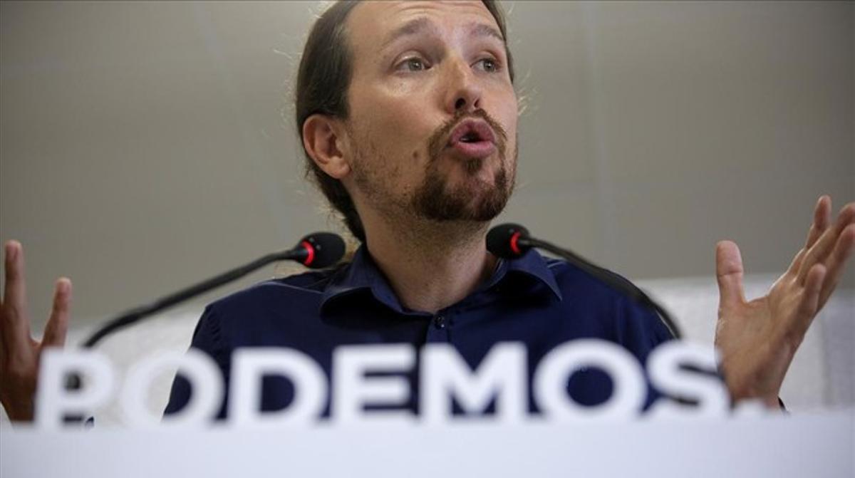 El líder de Podemos, Pablo Iglesias, en una rueda de prensa
