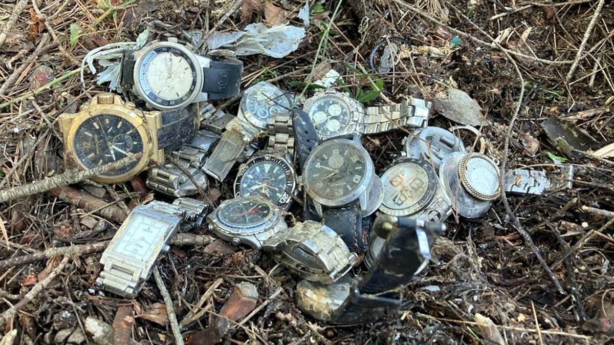 Plano general de los relojes encontrados en el bosque. Plano general de los relojes encontrados en el bosque.