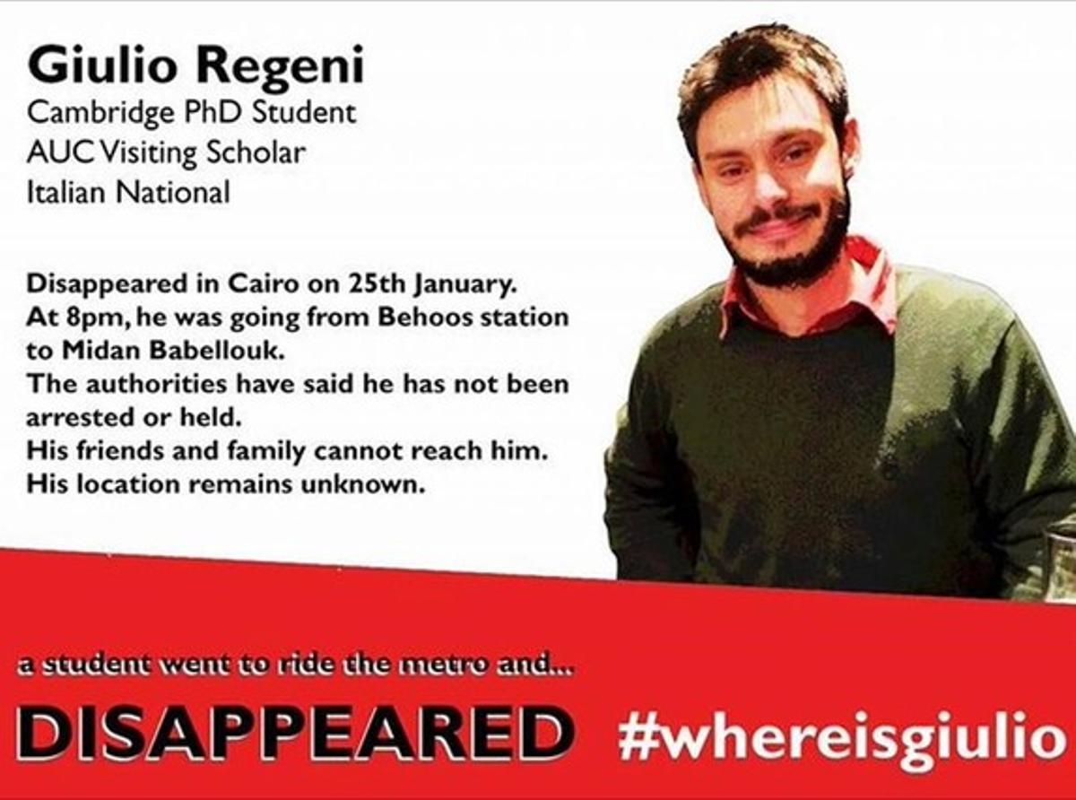 Imagen del joven Regeni colgada en internet denunciando su desaparición en El Cairo