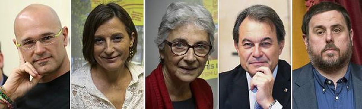Los cinco primeros candidatos de la lista unitaria pactada por CDC, ERC y las entidades soberanistas: Raül Romeva, Carme Forcadell, Muriel Casals, Artur Mas y Oriol Junqueras. Los cinco primeros candidatos de la lista unitaria pactada por CDC, ERC y las entidades soberanistas: Raül Romeva, Carme Forcadell, Muriel Casals, Artur Mas y Oriol Junqueras.
