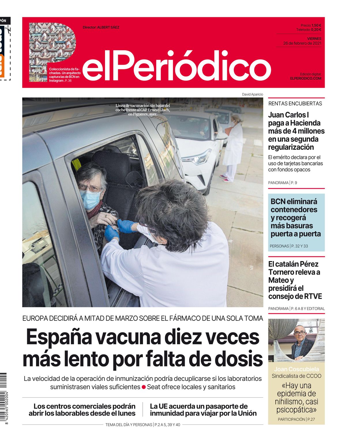 La portada de EL PERIÓDICO del 26 de febrero de 2021. La portada de EL PERIÓDICO del 26 de febrero de 2021.