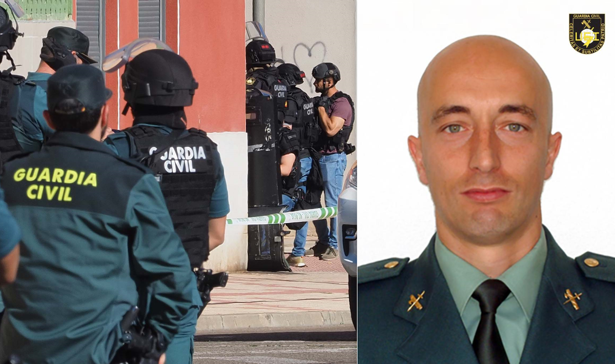 A la derecha, foto oficial del teniente coronel de la Guardia Civil Pedro Alfonso Casado, muerto el 5 de julio de 2022 tras recibir un disparo en una operación en Santovenia de Pisuerga, el 1 de julio. A la izquierda, guardias de su unidad, la UEI, en un momento del operativo en el que resultó herido.